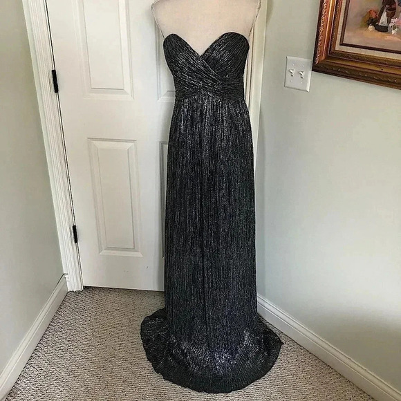 New Allure Bridals black, silver long matalic strapless mod gown size 6/8 - Picture 3 of 14